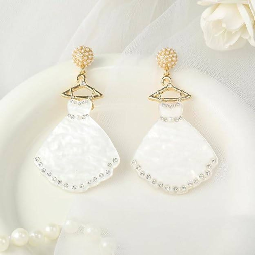 Bridal Wedding Dress Hanger Earrings Rhinestone Gold White Gown Party Gift New